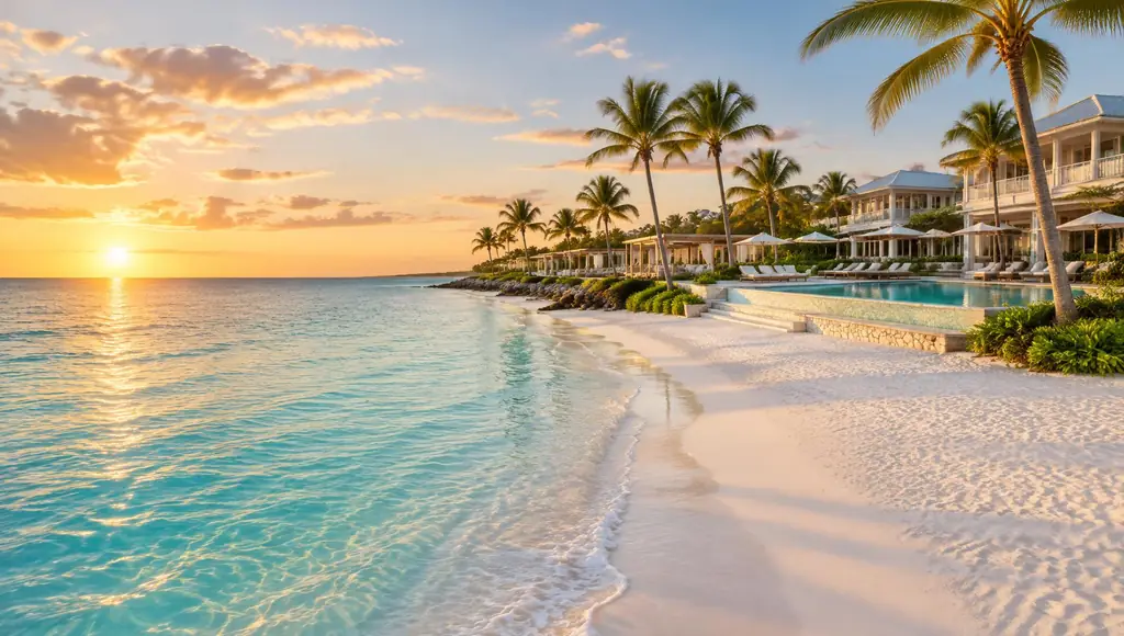 Palm-lined beach at sunset with a luxury resort and pool terrace